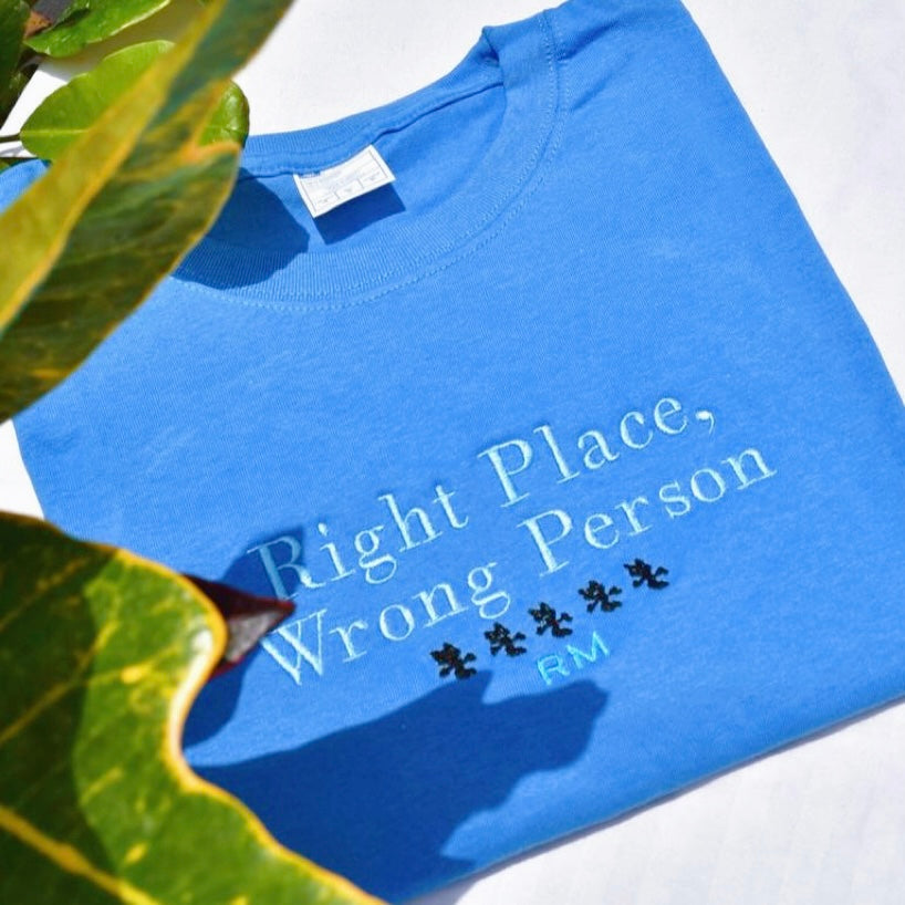RM RIGHT PLACE, WRONG PERSON PLAYERA AZUL BORDADA bts