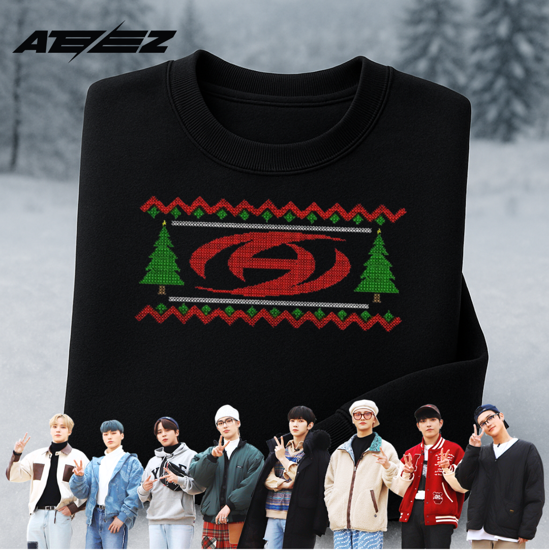 ATEEZ UGLY CHRISTMAS SWEATER SUDADERA NEGRA BORDADA